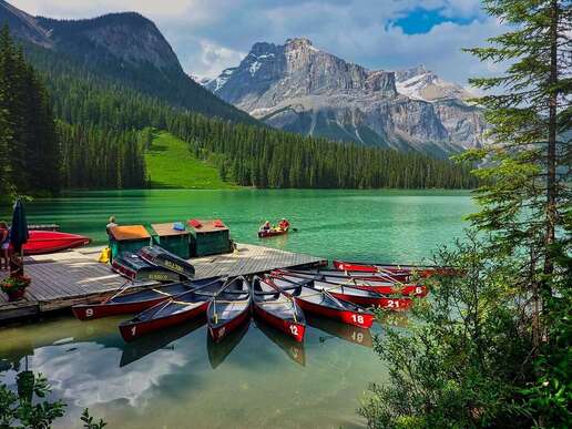 Canoes on a beautiful mountain lake in British Columbia