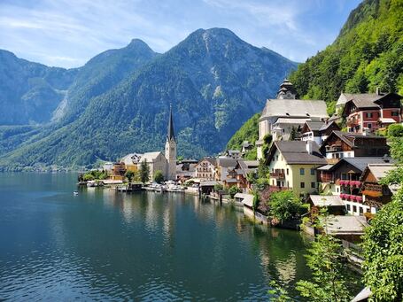 View of Lake Hallstatt surrounded by the mountains