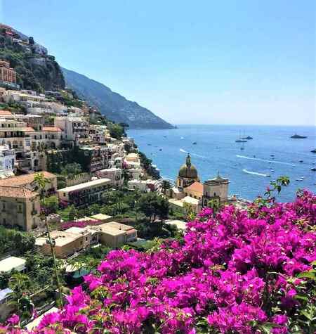 Stunning view of the Mediterrean Sea, Amalfi Cost, and Positano cliffside village, Italy.